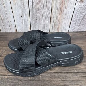 Skechers Women’s Black Cross-Band Slide Sandals